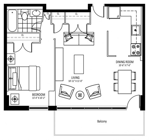 Floor plan for 1 bed, 1 bath, 647 sqft
